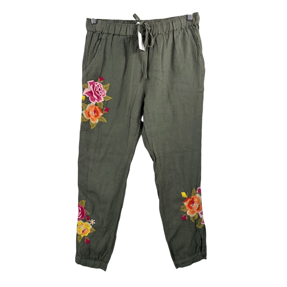 Johnny Was Embroidered Linen jogger Pants sz XS Green Floral boho cropped
